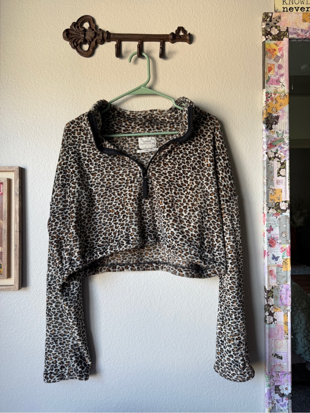 Urban Outfitters Leopard Half-Zip Cowl Neck Sweater - Brown/Black/Cream